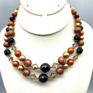 Shimmering Orange Moonglow Necklace with Golden and Black Glass Beads, Elegant
